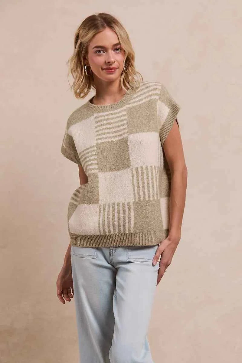 BiBi Checker With Stripes Pattern Sleeveless Sweater 5fd55b43a6874dd89e19a24992dd0e70-Max-Origin