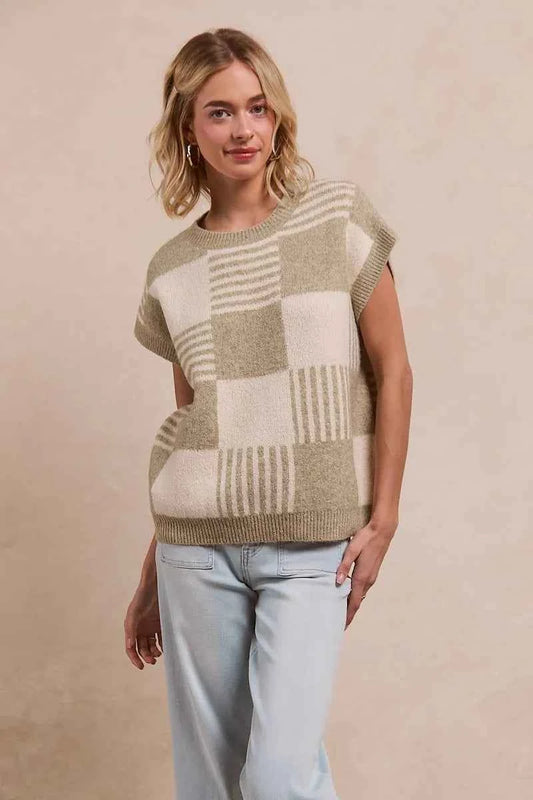 BiBi Checker With Stripes Pattern Sleeveless Sweater 5fd55b43a6874dd89e19a24992dd0e70-Max-Origin