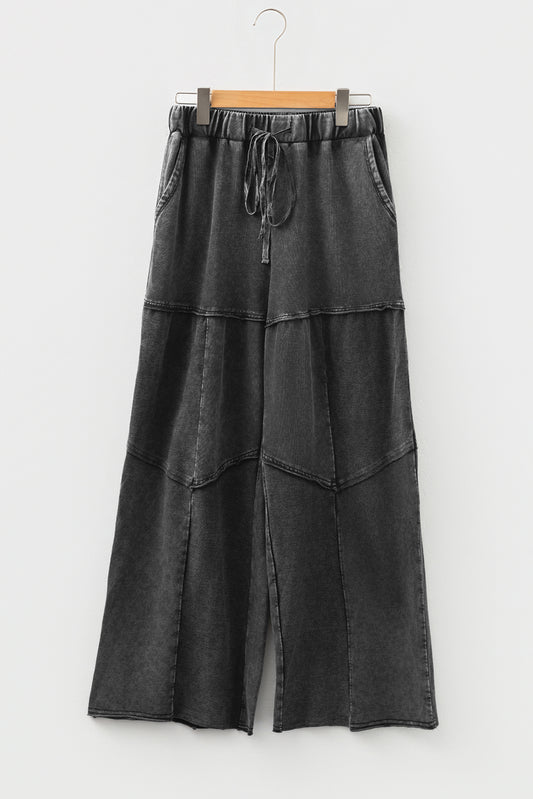 Black Mineral Wash Tiered Wide Leg Patchwork Drawstring Pants Black 85%Cotton+15%Polyester 5fd938d23ed8c516