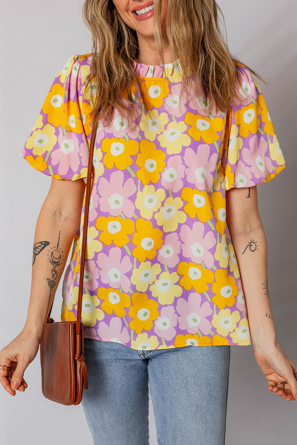 Purple Frilled Neck Puff Short Sleeve Flower Top Purple 100%Polyester 5fd97c9854cf92e4