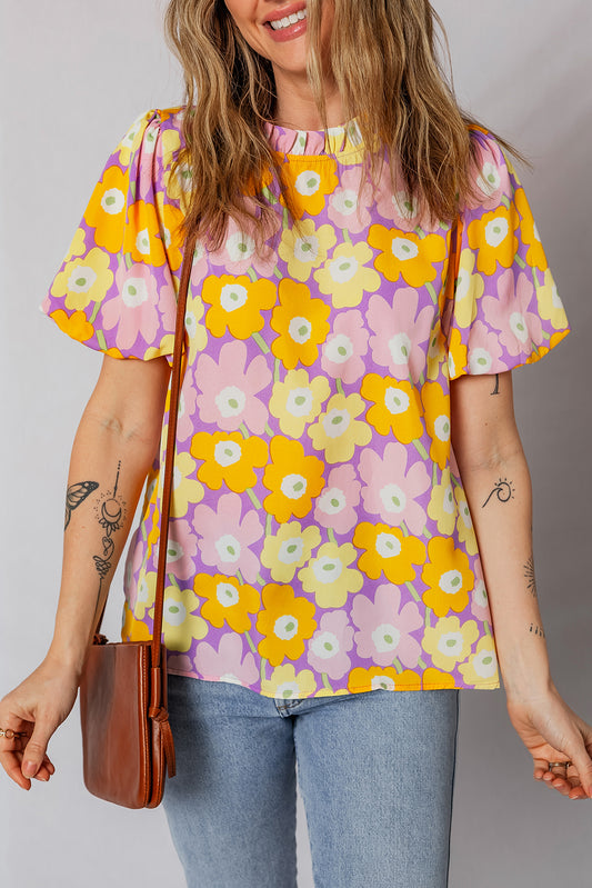 Purple Frilled Neck Puff Short Sleeve Flower Top Purple 100%Polyester 5fd97c9854cf92e4