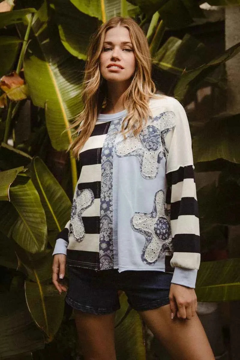 BiBi Patchwork Striped Round Neck Sweatshirt 5fdbbc2313cd4109a3cf919cf8e79504-Max-Origin