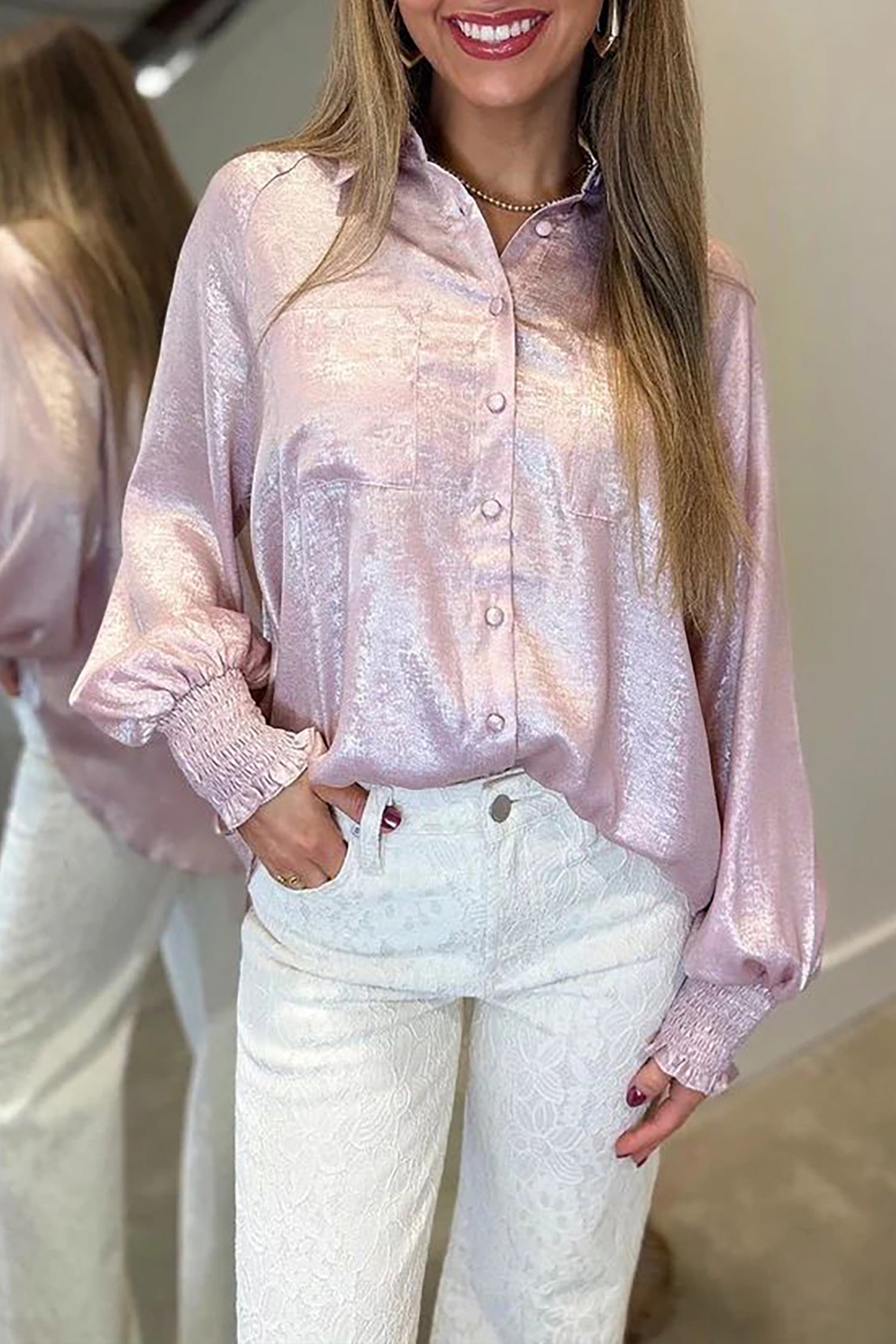 Delicacy Long Sleeve Button Front Ruffle Cuffs Back Paneling Shirt 5fde970a4950f893