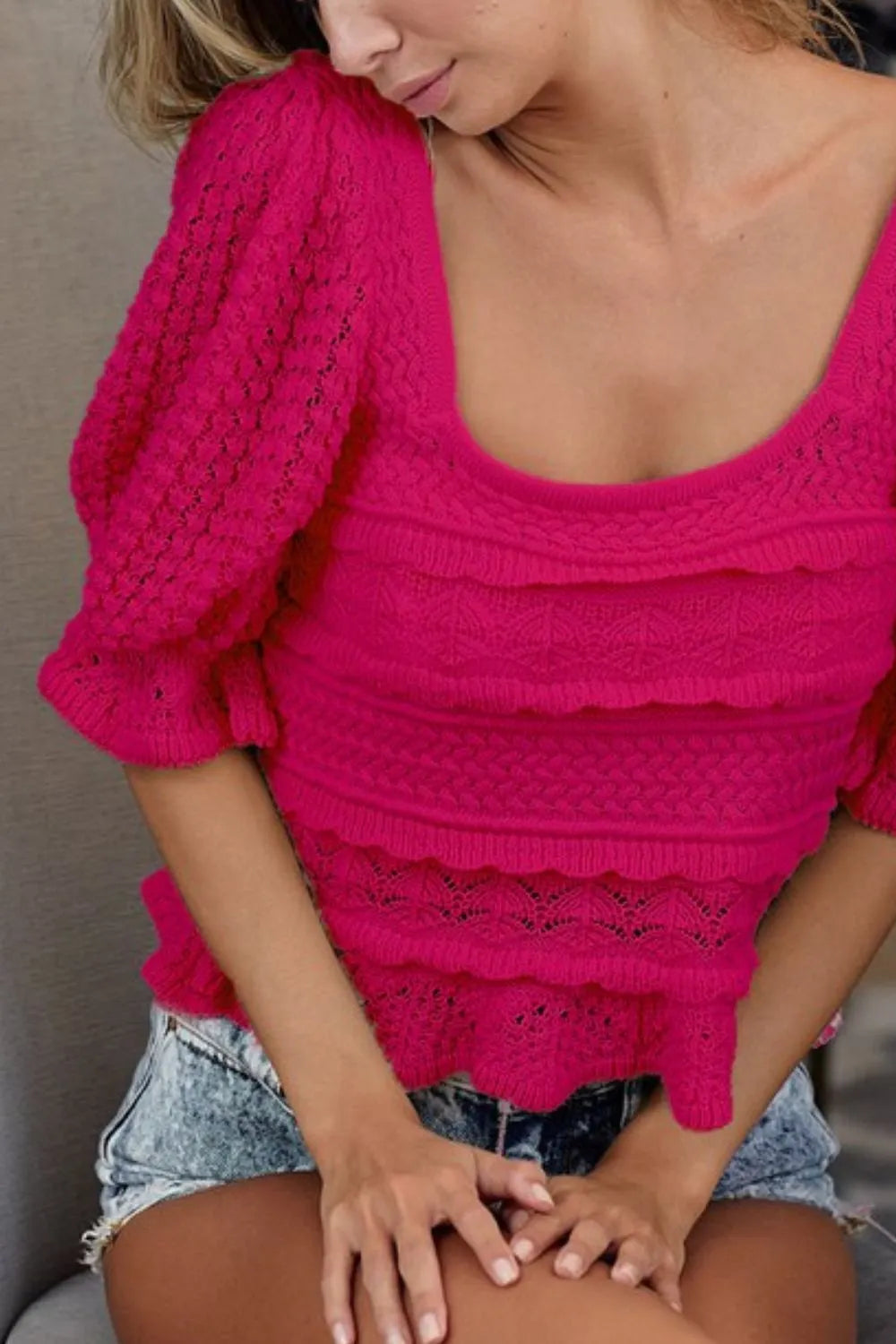 BiBi Square Neckline with Puff Sleeve Crochet Top 5fe39d55-9b09-4033-96dc-01c35008e407-Max-Origin