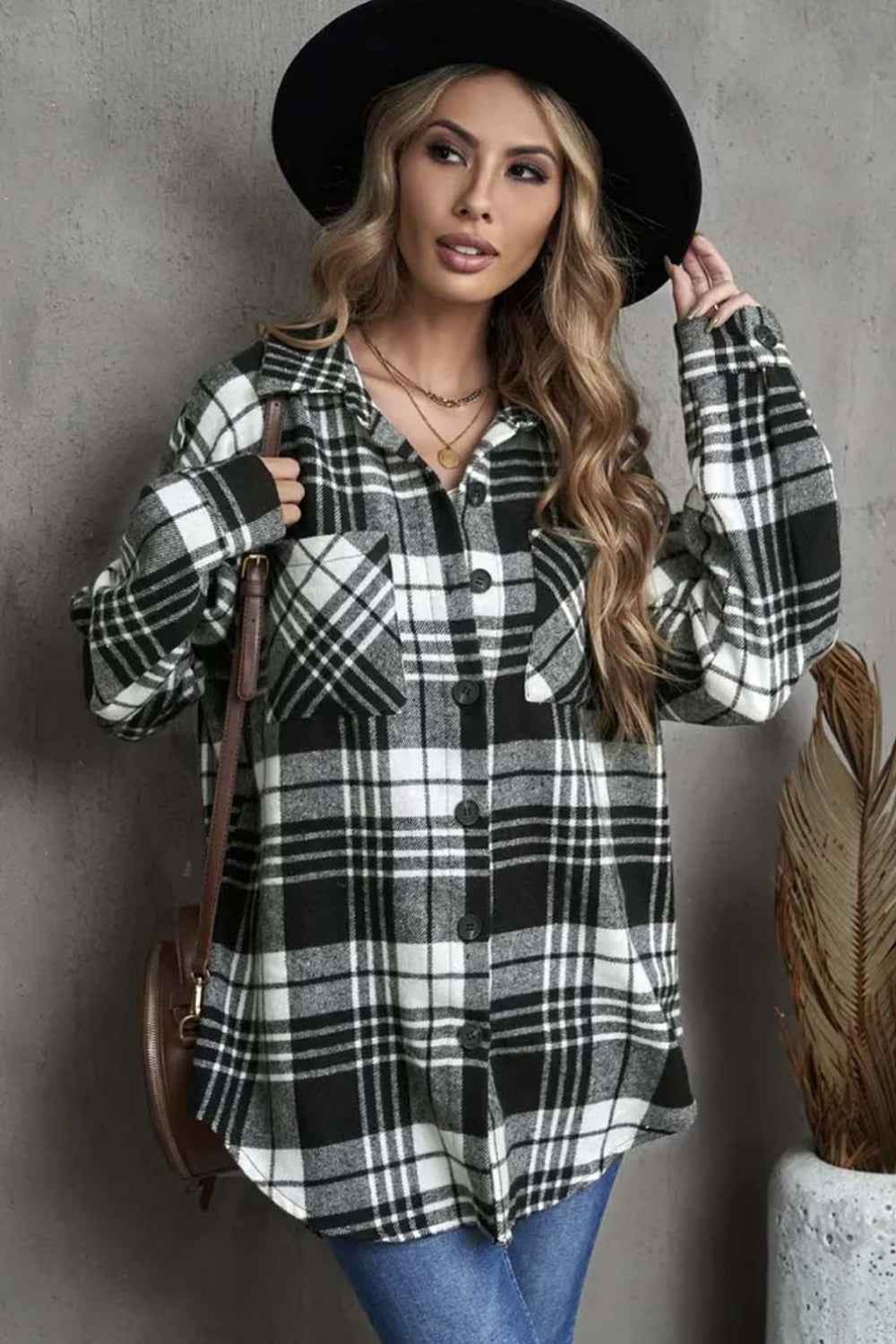 Plaid Collared Neck Button Up Jacket with Pockets 5fe43915ec834ce686ae8d61fae334be-Max