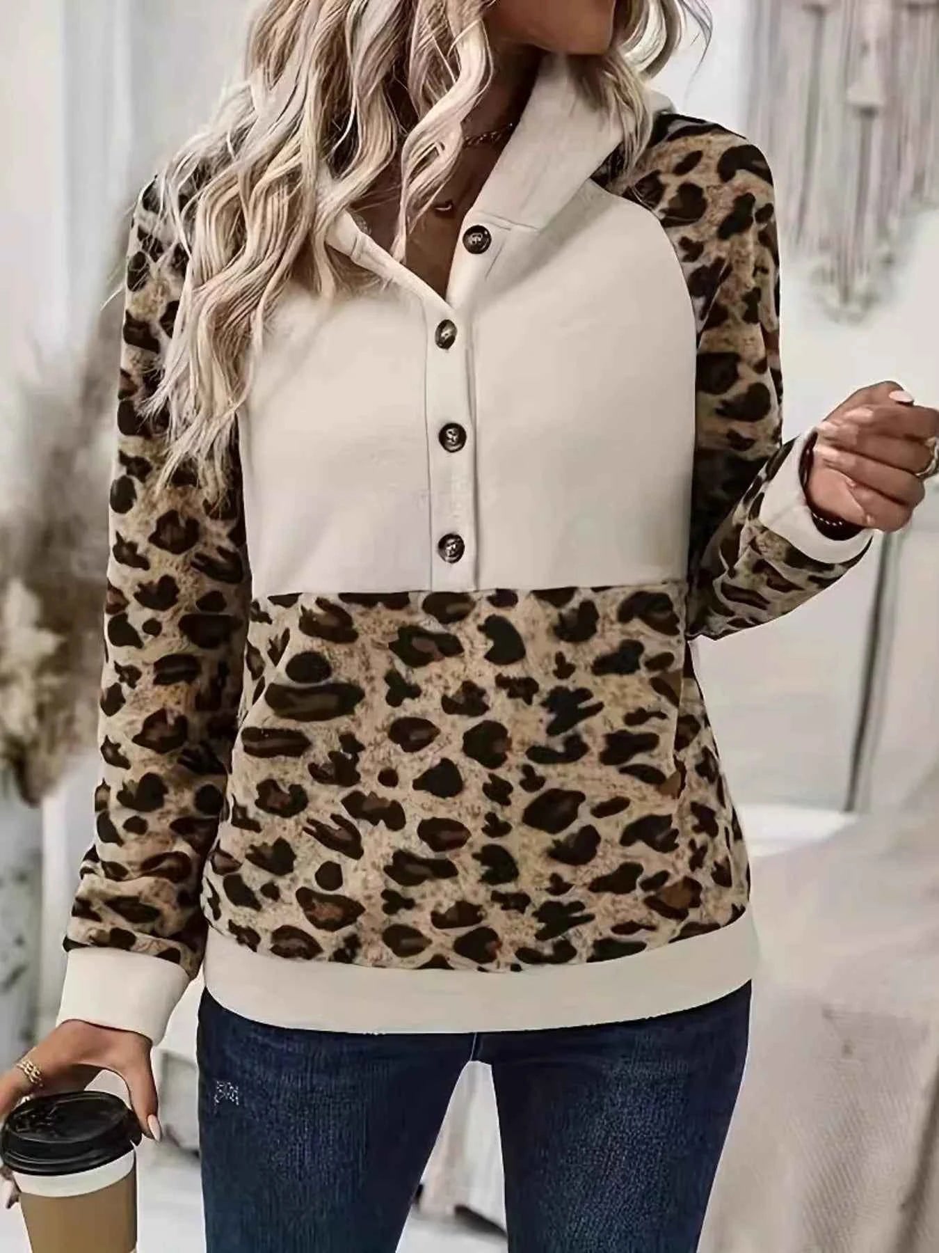 Leopard Print Button Detail Hoodie 5fe676b2fec94957851c3fe6a7a6b750-Max-Origin