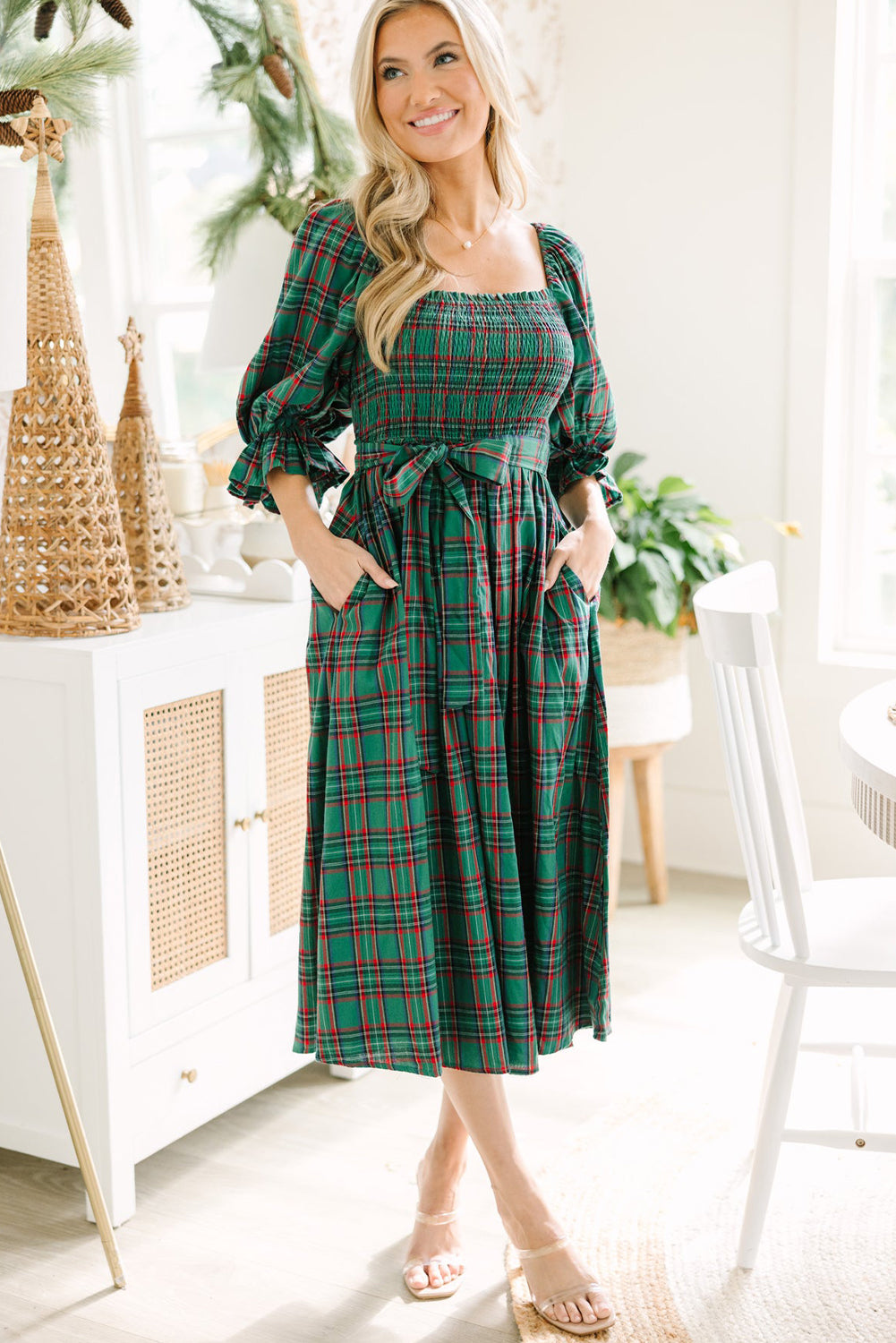 Green Plaid Square Neck Puff Sleeve Bowknot Waist Flared Midi Dress 5fe9cc3ab4ce9b19