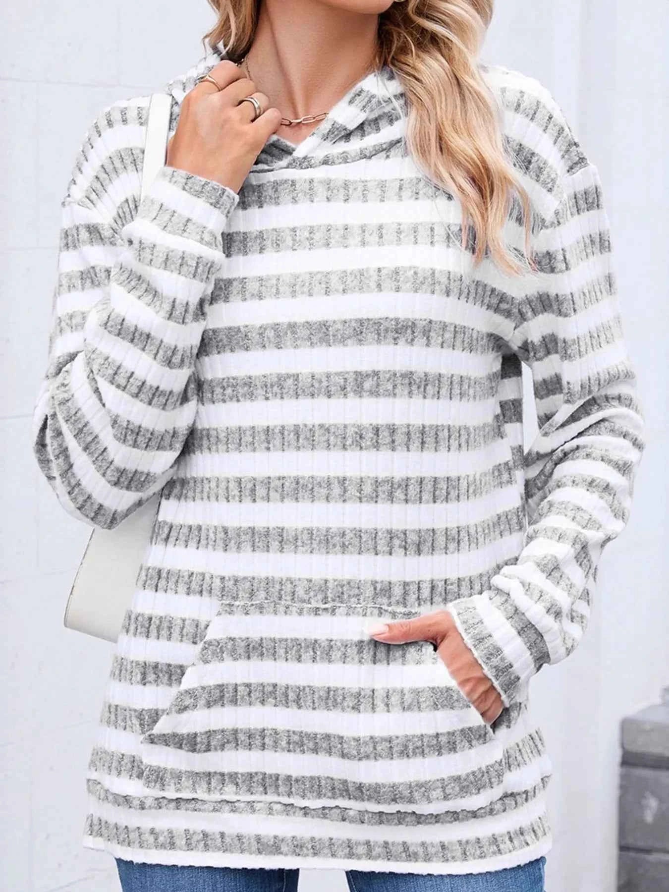 Striped Ribbed Knit Hoodie with Kangaroo Pocket