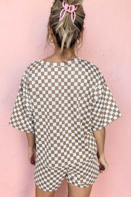 Brown Checkered Top and Drawstring Shorts Pajama Set 5feed9cee3c4fdec
