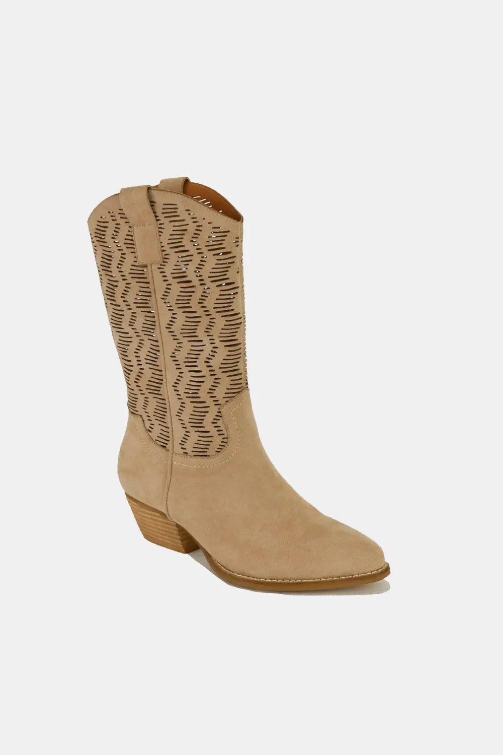 Beast Fashion Faux Suede Laser Cut Detail Block Heel Boots 5ff2196e-52c5-4b3b-9f14-1273576bb876-Max