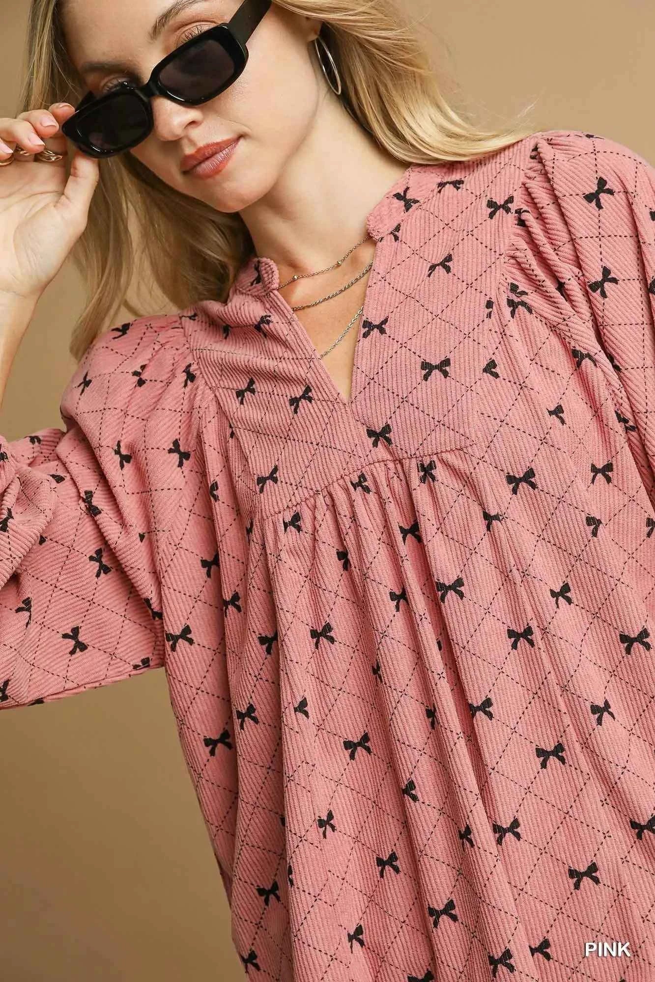Umgee Corduroy Bow Print Balloon Sleeve Blouse 5ff64600-b90d-44cf-b0bb-25287ed9ba12-Max-Origin