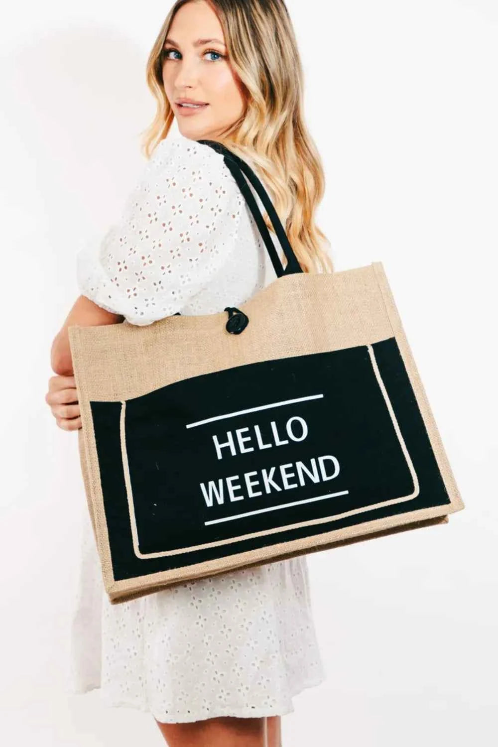Fame Hello Weekend Burlap Tote Bag 5ffb4a6a-fb32-40c3-a4c3-7ee704e0d486-Max