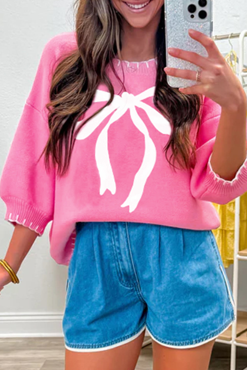 Sachet Pink Big Ribbon Bow Print Contrast Stitch Trim Drop Shoulder Sweater Sachet Pink 100%Cotton 5ffff7828bba2201