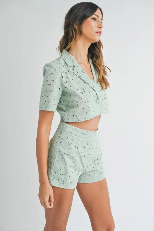 Eyelet Short Sleeve Crop Top and Shorts Set 60010a69d25e43d1b0183345aead8453-Max-Origin