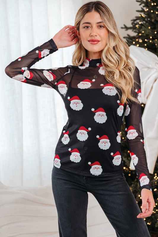 Santa Christmas Mesh Long Sleeve Top Black 6001d1a6-4e11-4734-a9fe-9ff9d87b0b4a