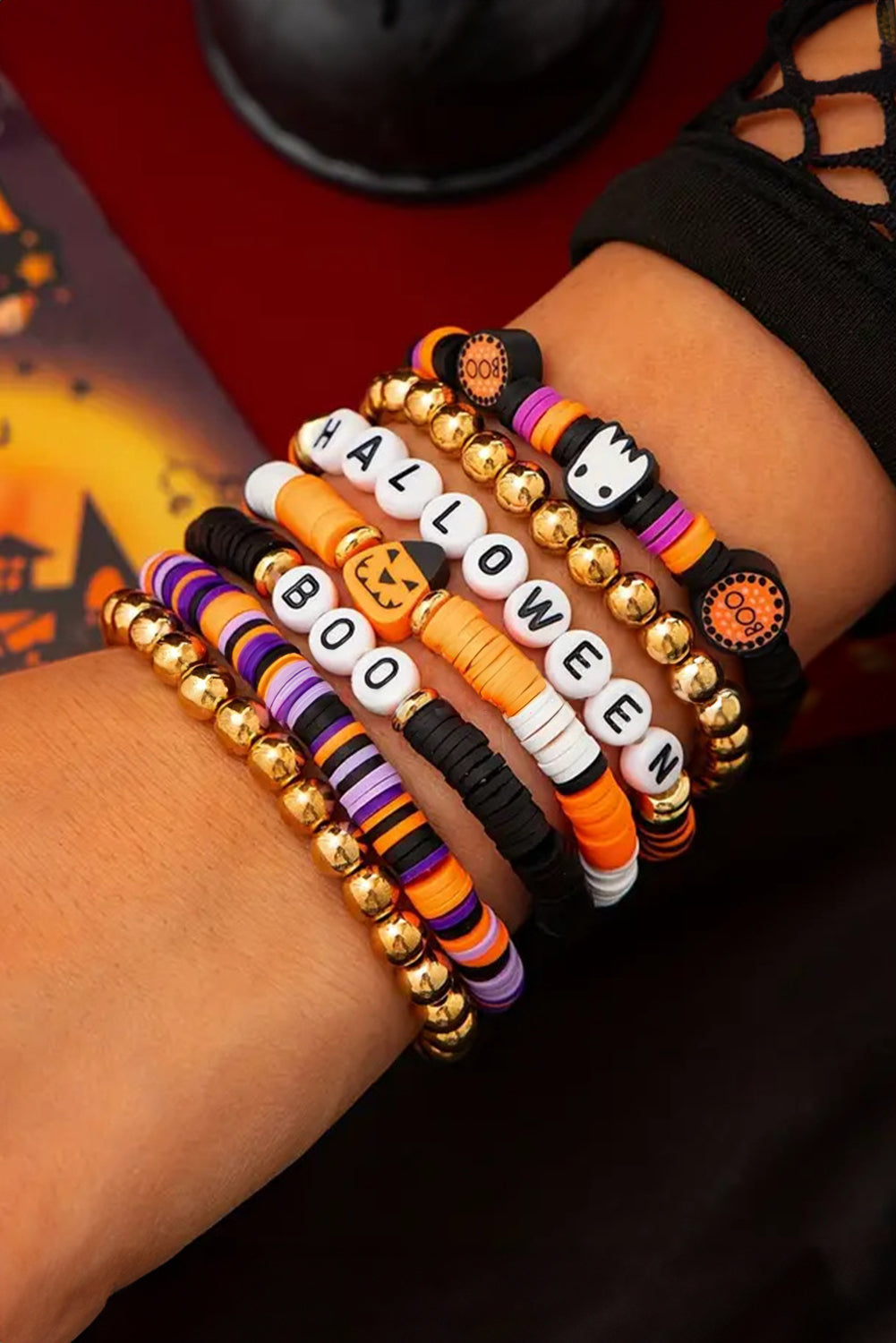 Russet Orange Playful 7pcs Halloween Beaded Bracelet Set 600249ba1d5be714