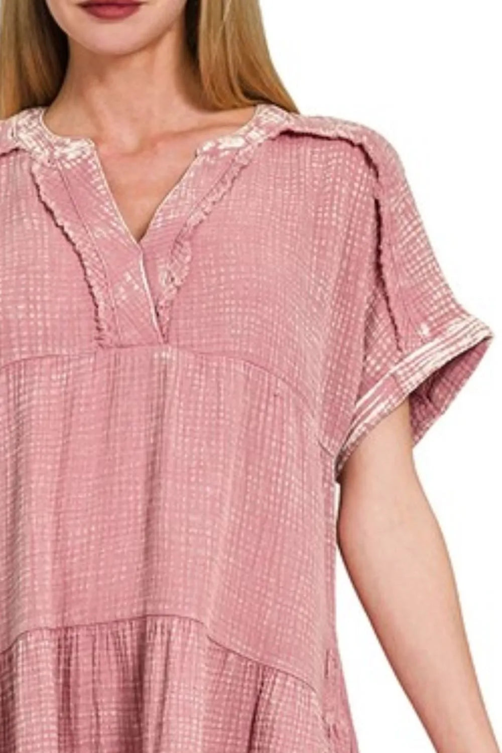 Zenana Washed Double Gauze Raw Edge V-Neck Dress 6003ee66-0fec-4f17-9821-f2b3c3cb7843-Max-Origin