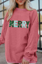 Racing Red Corded MERRY Christmas Letter Terry Flocking Sweatshirt 600abc3282c7686f