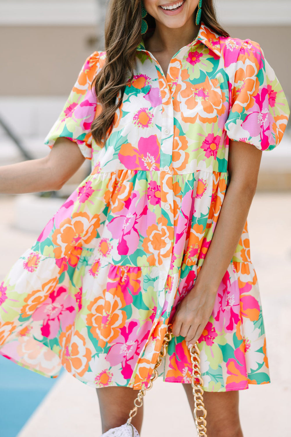 Pink Floral Puff Sleeve Collar Buttoned Babydoll Dress 600d3981b810b289