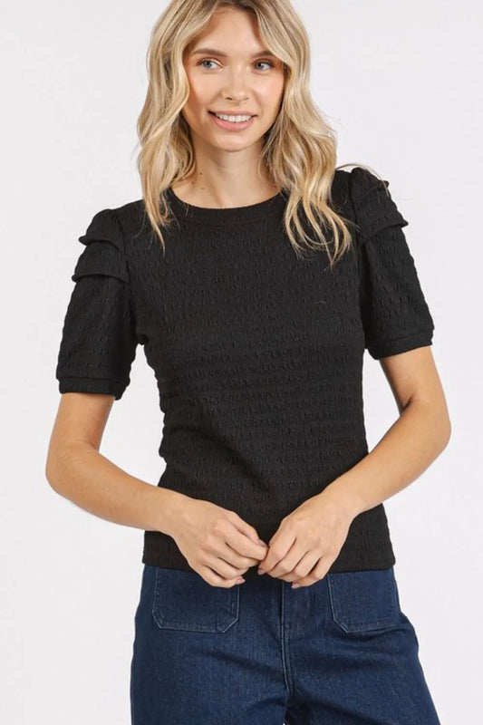 Textured Round Neck Short Sleeve Blouse 600ee3b5-c47f-4934-b81b-58753d8828c1-Max