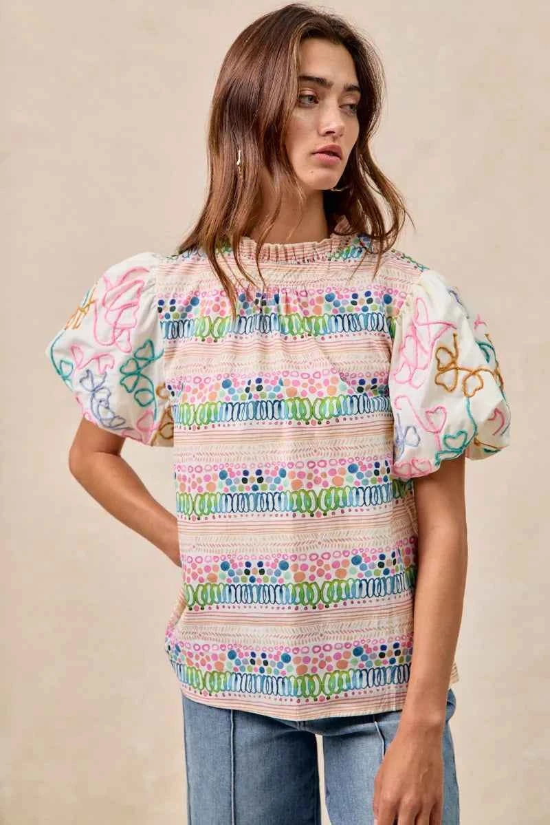 BiBi Ruffle Neckline Blouse With Embroidery Bubble Sleeve 6010477b0e7040cdab864e3c69cd0dd1-Max-Origin