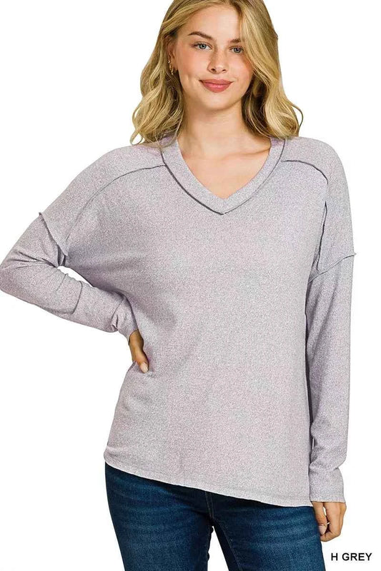 Zenana Soft Melange Hacci Exposed Seam Hi-low Tee H GREY 6010e9aed62640248d00f48cc2926c9d-Max-Origin
