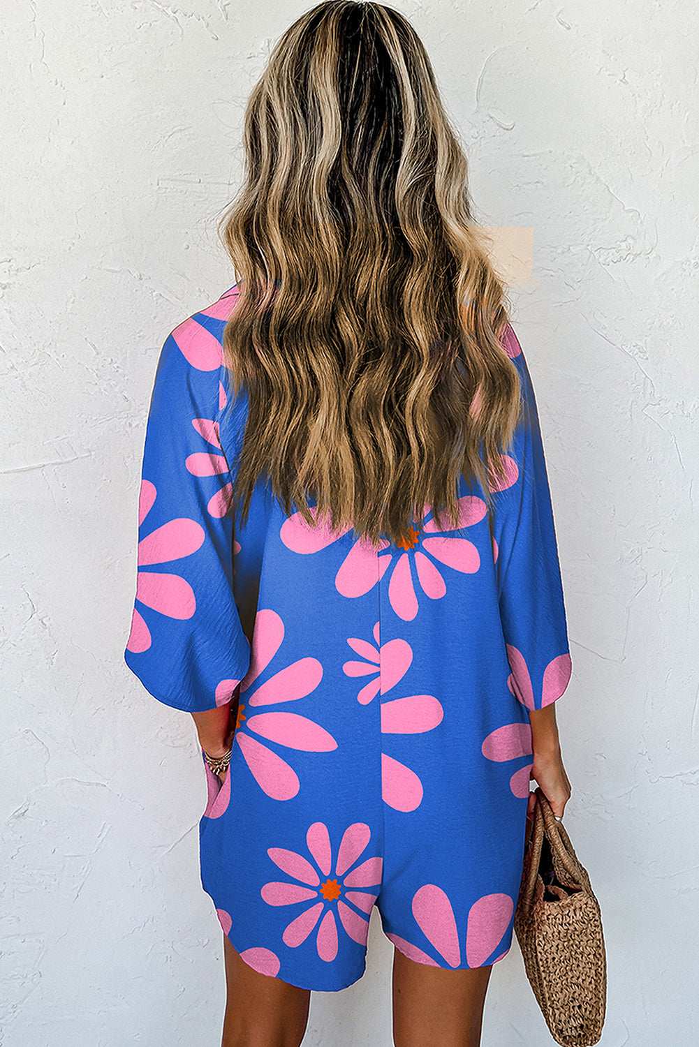 Blue Summer Flower Print Shirt Collar Loose Romper 60114b0d60a7b803-_2
