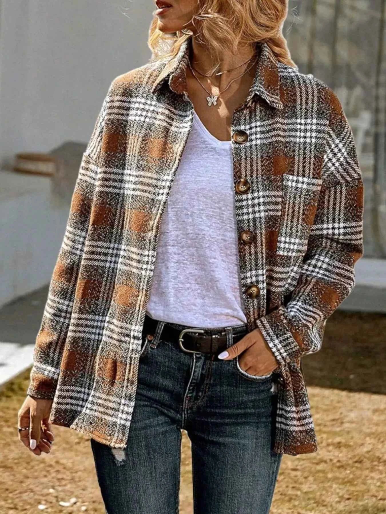 Plaid Button Up Long Sleeve Shacket Caramel 601225f76e5545b0ba228fbc880f4a99-Max-Origin