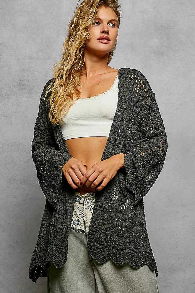 POL Openwork Lightweight Open Front Cardigan with Scalloped Edge CHARCOAL 60134ec2-7862-437c-8256-56582784fede-Max-Origin