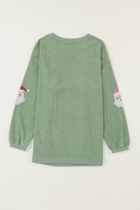 Grass Green Corded Ribbed Santa Claus Graphic Sequins Patch Sweatshirt Grass Green 100%Polyester 6013cd3b74f1fb66