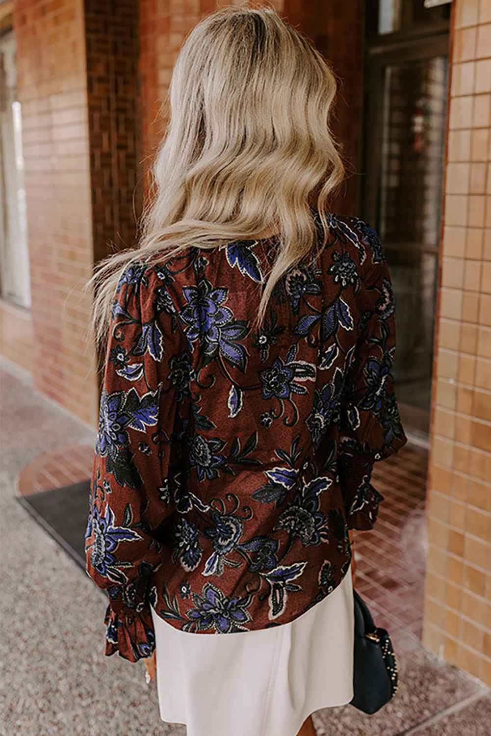 Brown Autumn Floral Print Smocked Cuffs Shift Blouse 60193784c186f87c