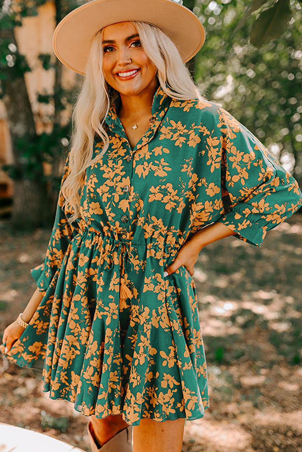 Green Floral Print Drawstring Flowy Short Dress 601ba72e50bdd716