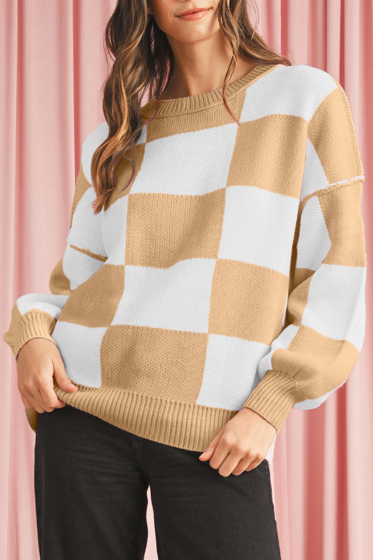 Orange & White Plaid Exposed Seam Bishop Sleeve Sweater Khaki 100%Acrylic 601d061d076f2821