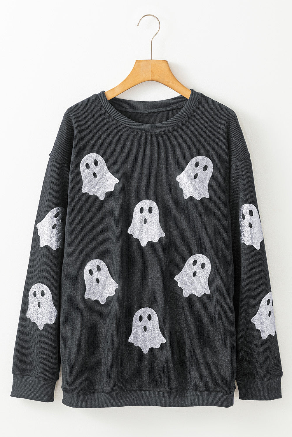 Black Halloween Ghost Corded Crew Neck Loose Sweatshirt 601f1f67887ebb89