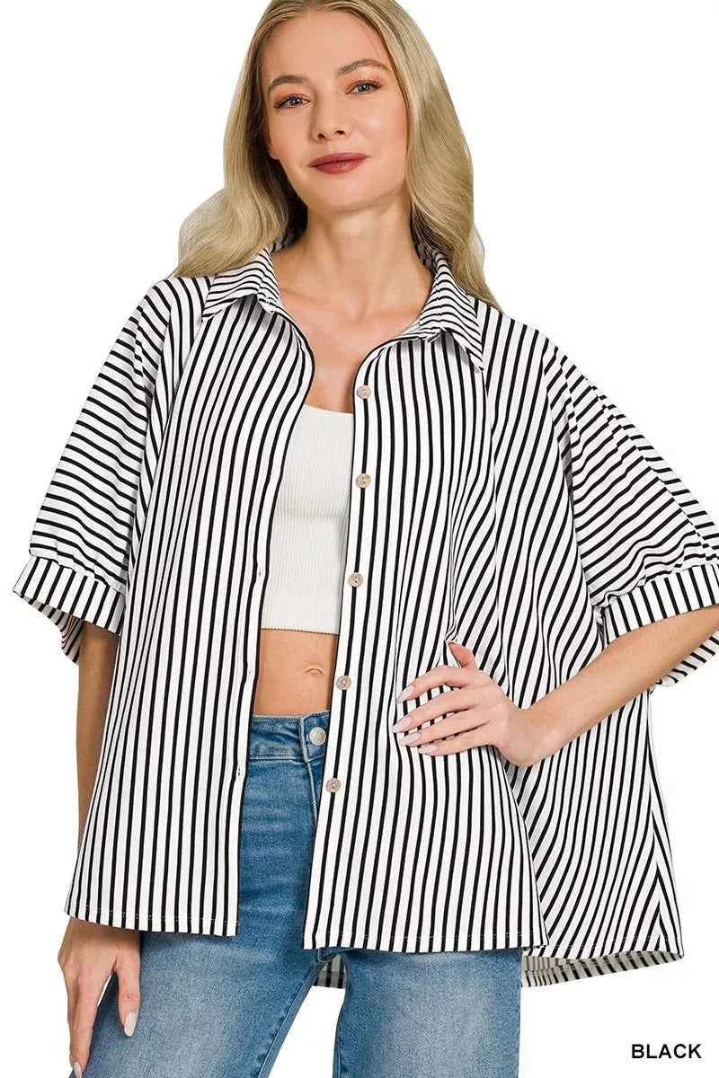 Zenana Oversized Stripe Button Down Shirt BLACK 602554f61f9c4fea899d550024ad777d-Max-Origin