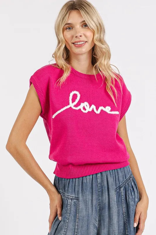 Mittoshop Contrast Letter Round Neck Cap Sleeve Knit Top Hot Pink 6026d403-551f-4470-9895-0ed968dec12c-Max