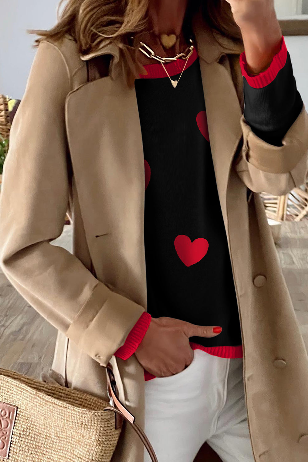Black white Heart Print Contrast Trim Drop Shoulder Sweater 602f6313f803552d