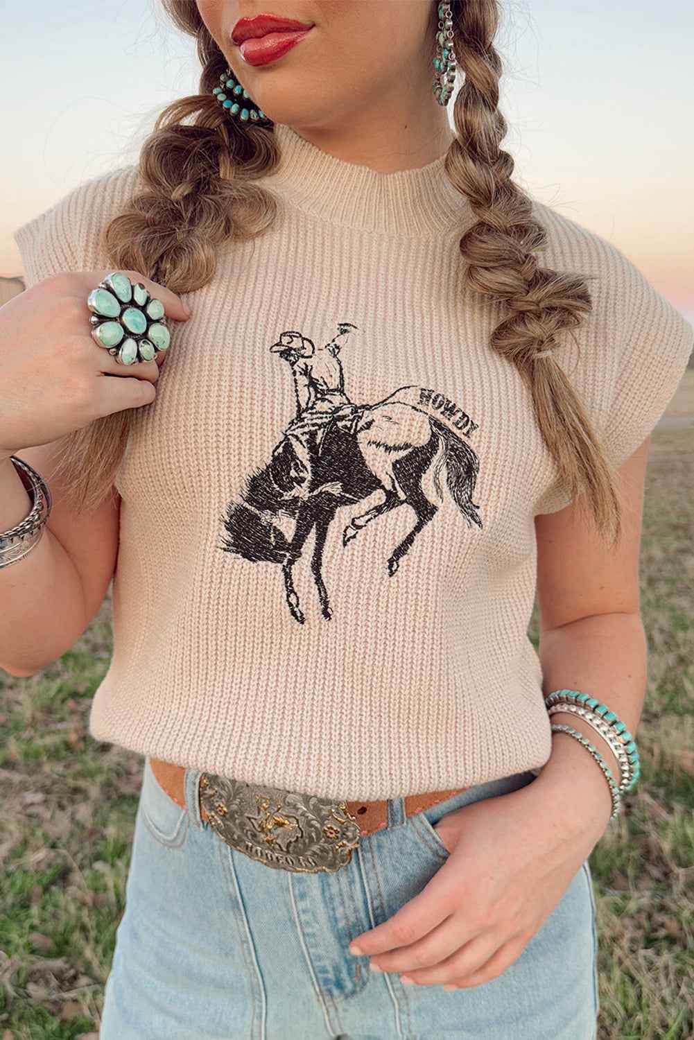 Oatmeal Cowboy Graphic High Neck Short Sleeve Knit Top Oatmeal 52%Viscose+26%Polyester+22%Polyamide 60368b3c8b5f1c6a