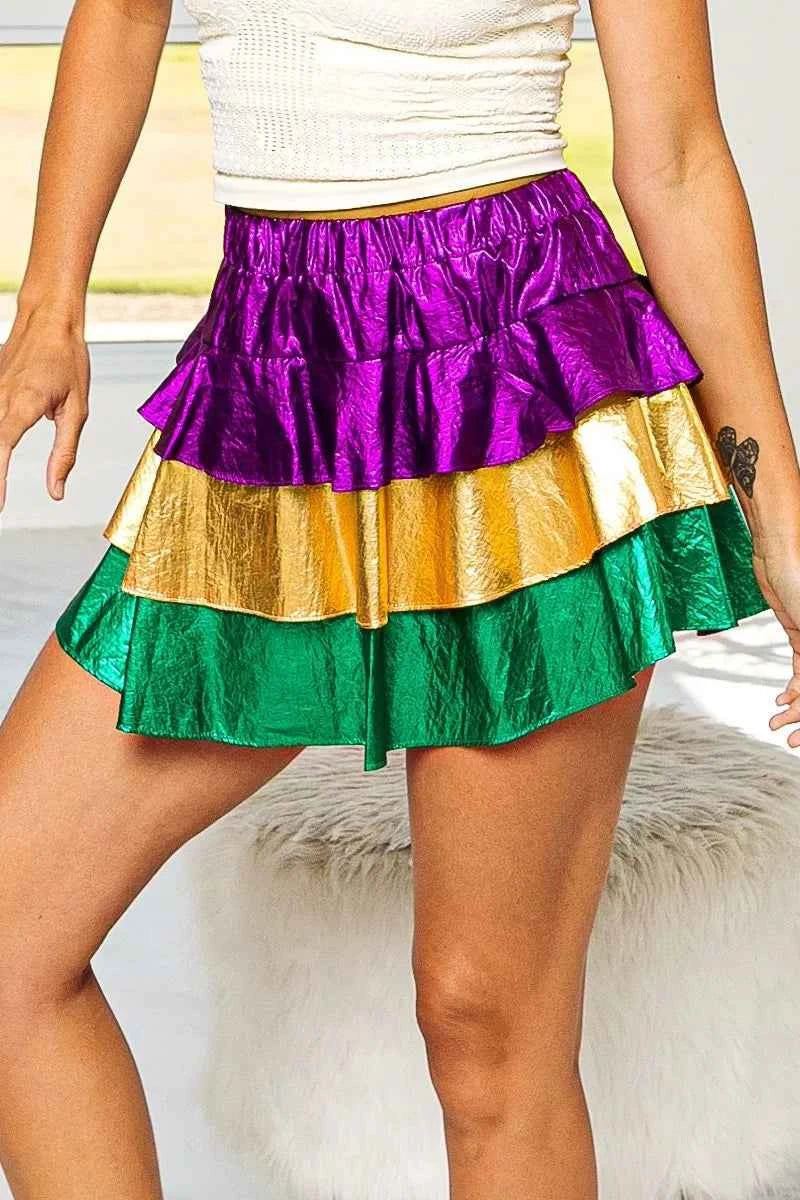 BiBi Mardi Gras Color Block Metallic Tiered Skirt