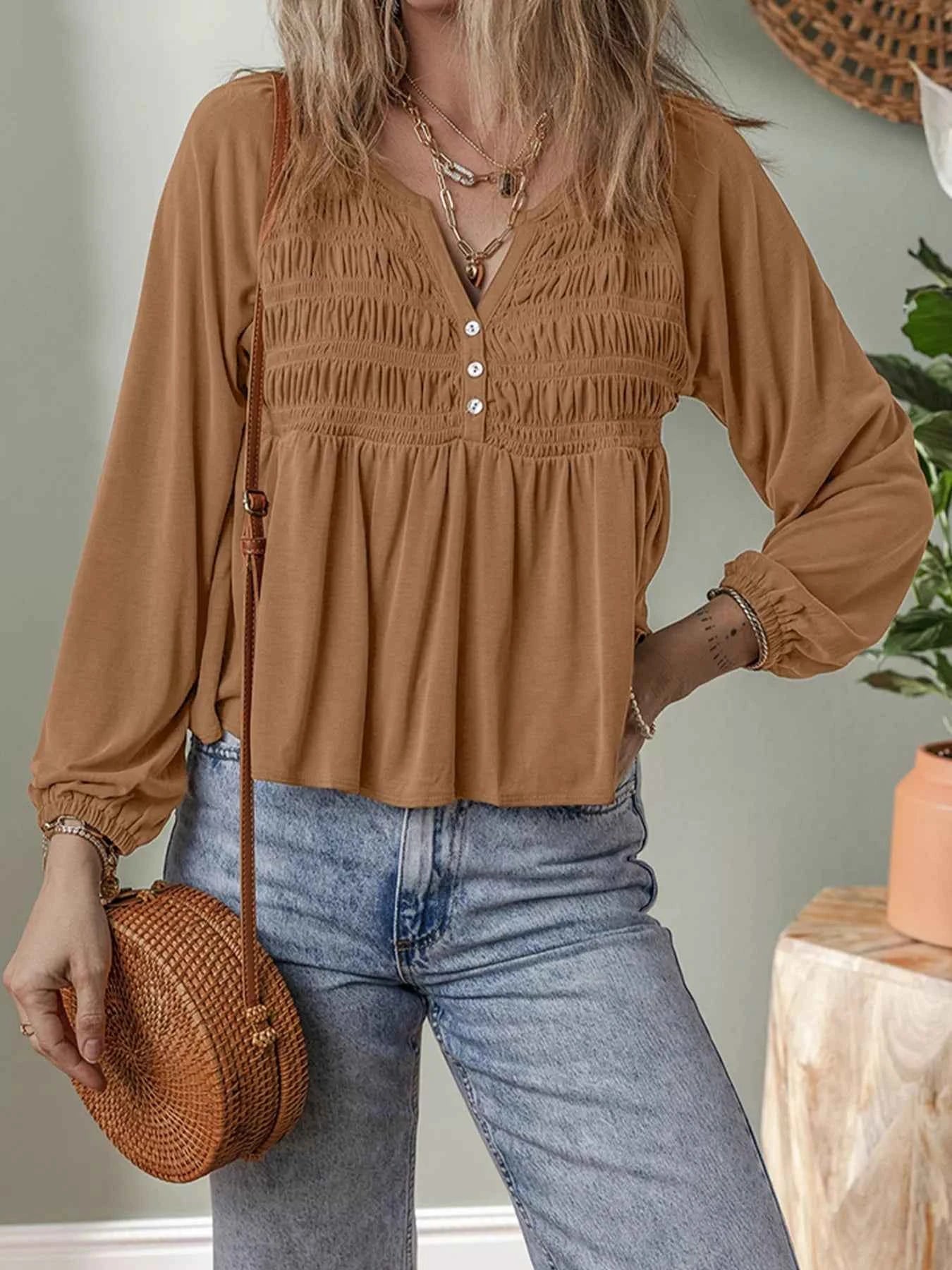 Smocked Buttoned Split V Neck Flow Fit Blouse 603e68e9368a4bb18fb38c4f28e1369f-Max-Origin