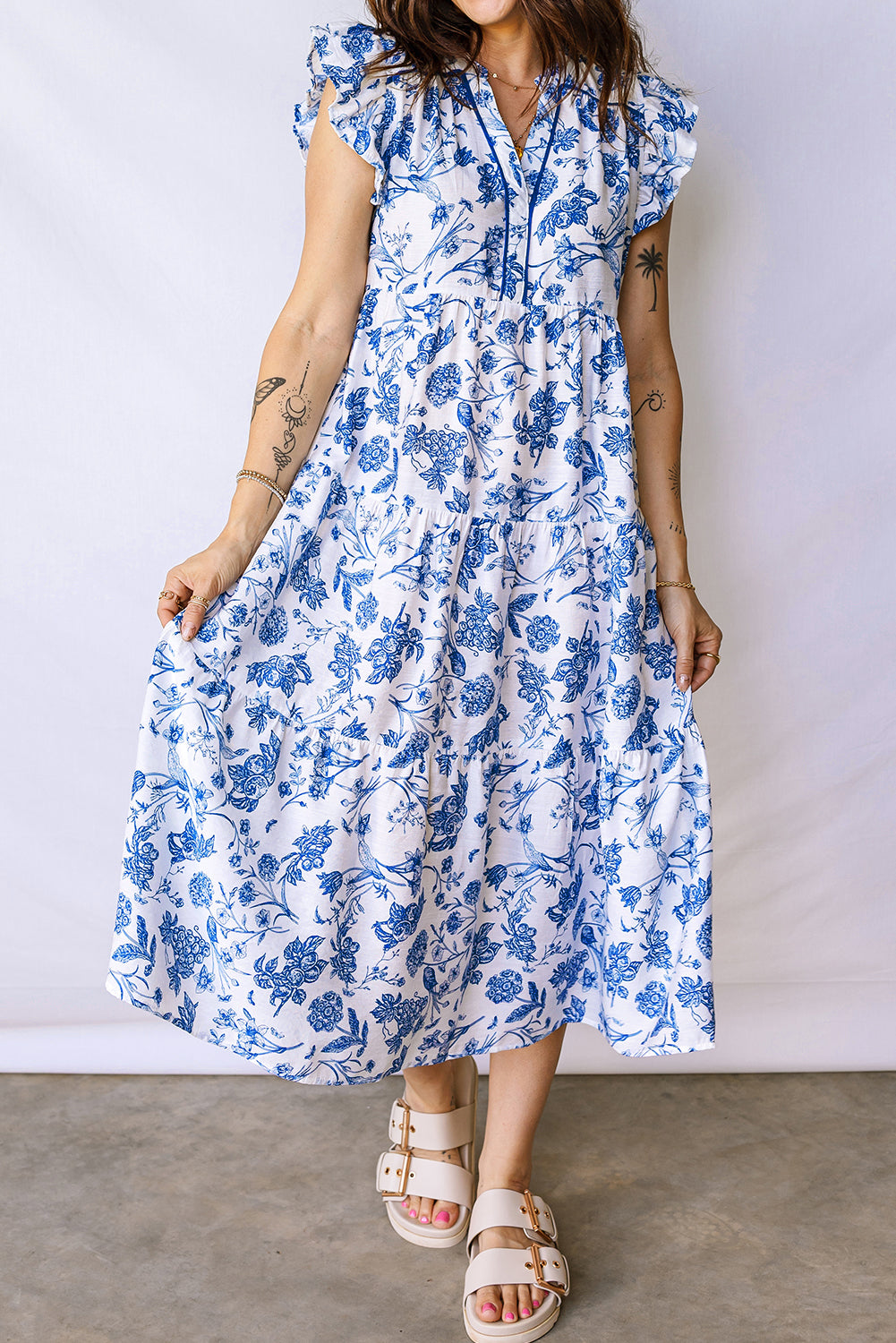 Blue Ruffled Short Sleeve Tiered Floral Midi Dress 604610c5609fed7c