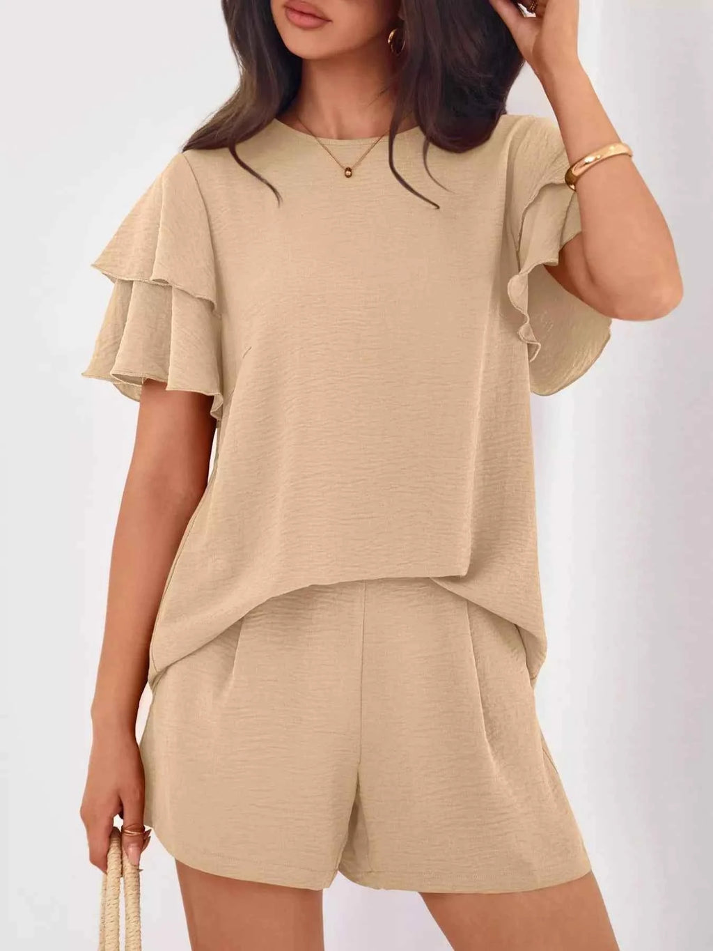 Ruffle Sleeve Top and Shorts Two-Piece Set Khaki 60482546-0c66-46a4-81cf-638becf3d507-Max-Origin
