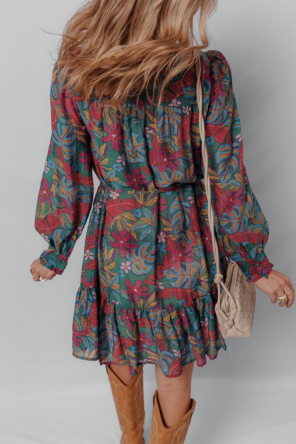Green Floral Frill V Neck Puff Sleeve Ruffle Mini Dress 604999e00a42fc1a
