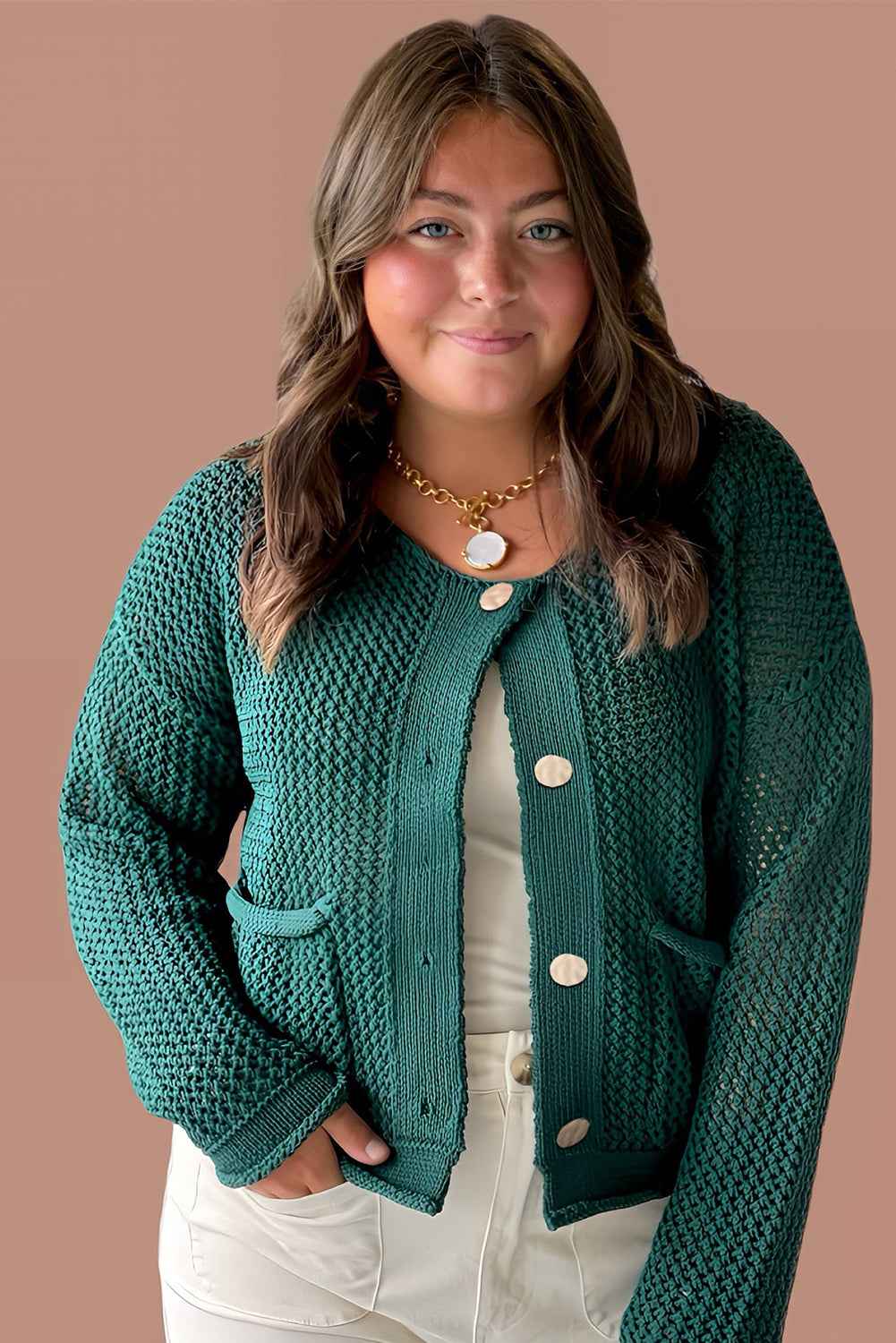 Blackish Green Plus Size Golden Accent Buttons Short Sweater Cardigan 604a21f77453b012