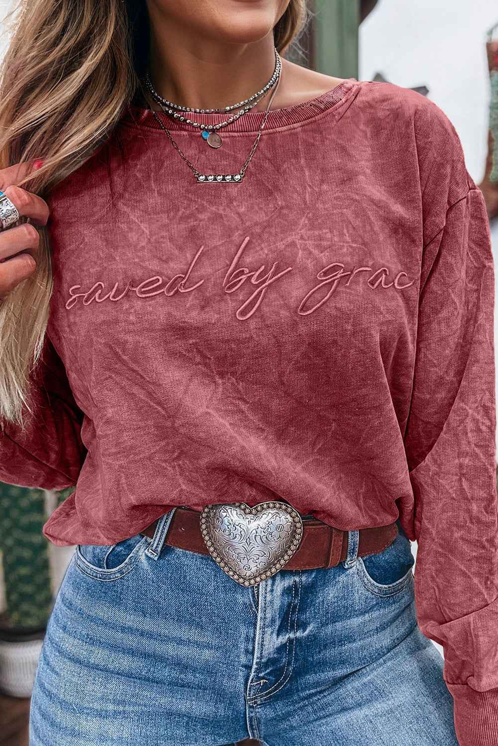 Real Teal saved by grace Letter Embroidery Mineral Wash Loose Sweatshirt 604a98e19a29c554