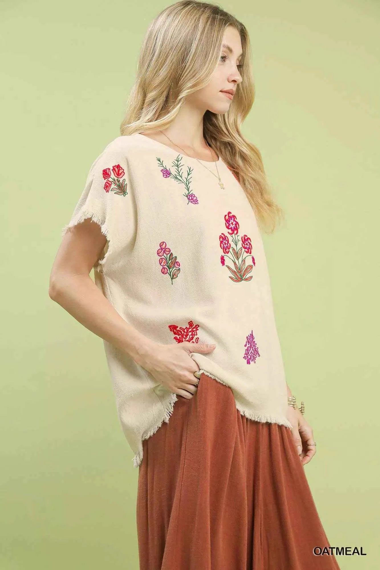 Linen Blend Embroidered Frayed Hem Top 60536c82-bc96-4b01-99b8-ed540e0aae6b-Max-Origin