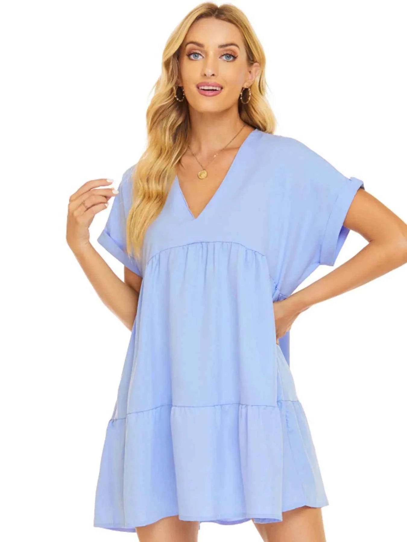 V-Neck Babydoll Tiered Mini Dress 6056d36948ca403baf4bf2ebd52eb4df-Max-Origin