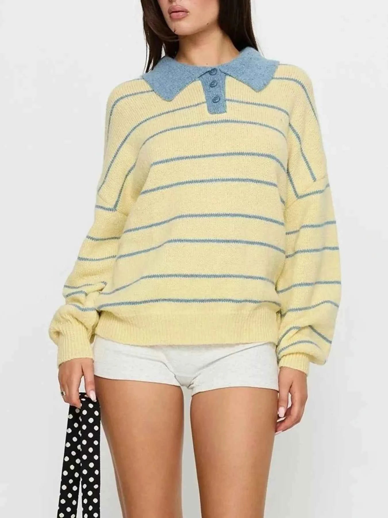 Striped Polo Collar Long Sleeve Sweater 60584409-2922-4162-ade1-c505006daadd-Max-Origin