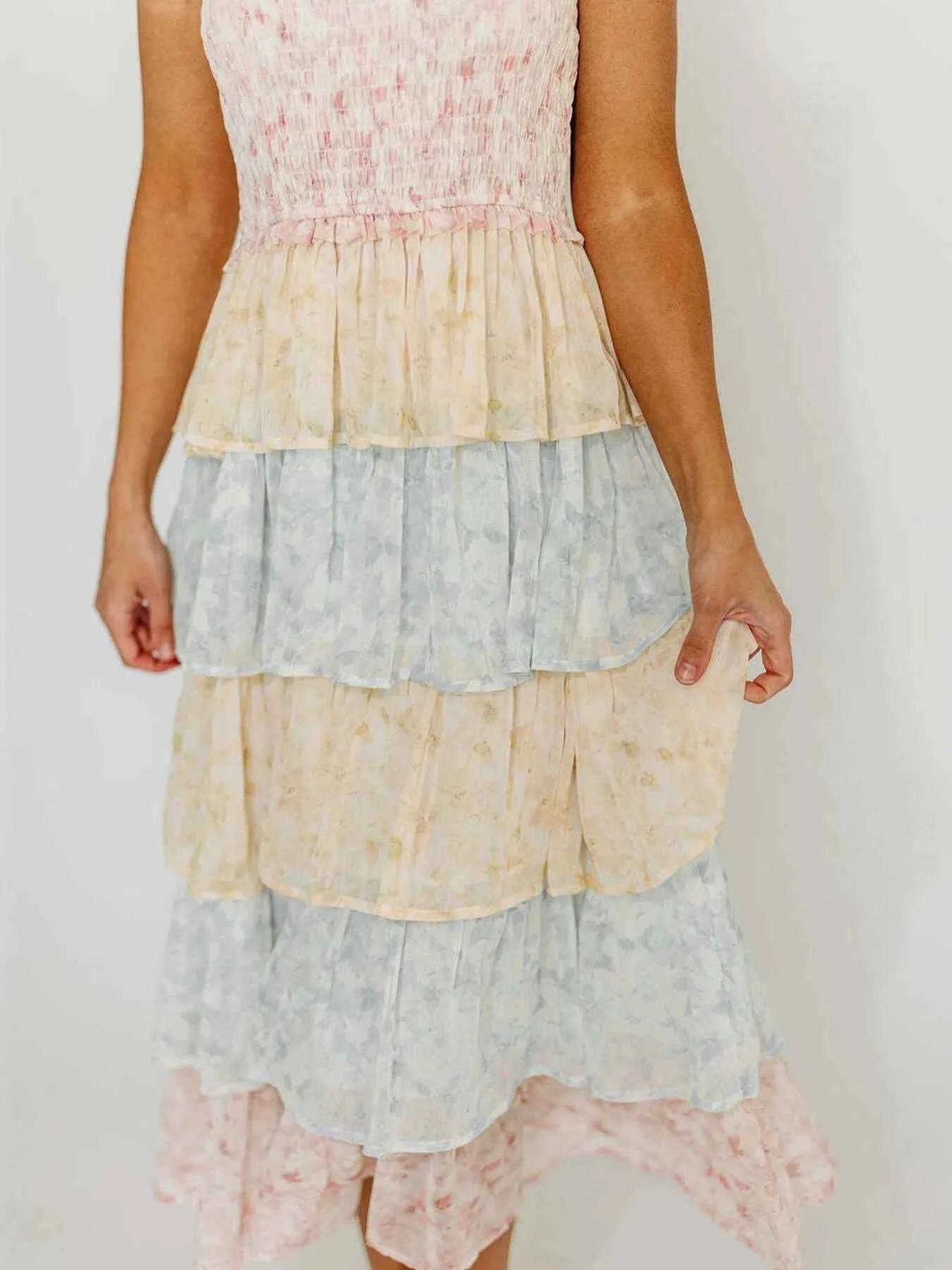 Smocked Ruffle Layered Floral Midi Dress 605a672f-0a2f-43c3-bd65-b261319174c8-Max-Origin