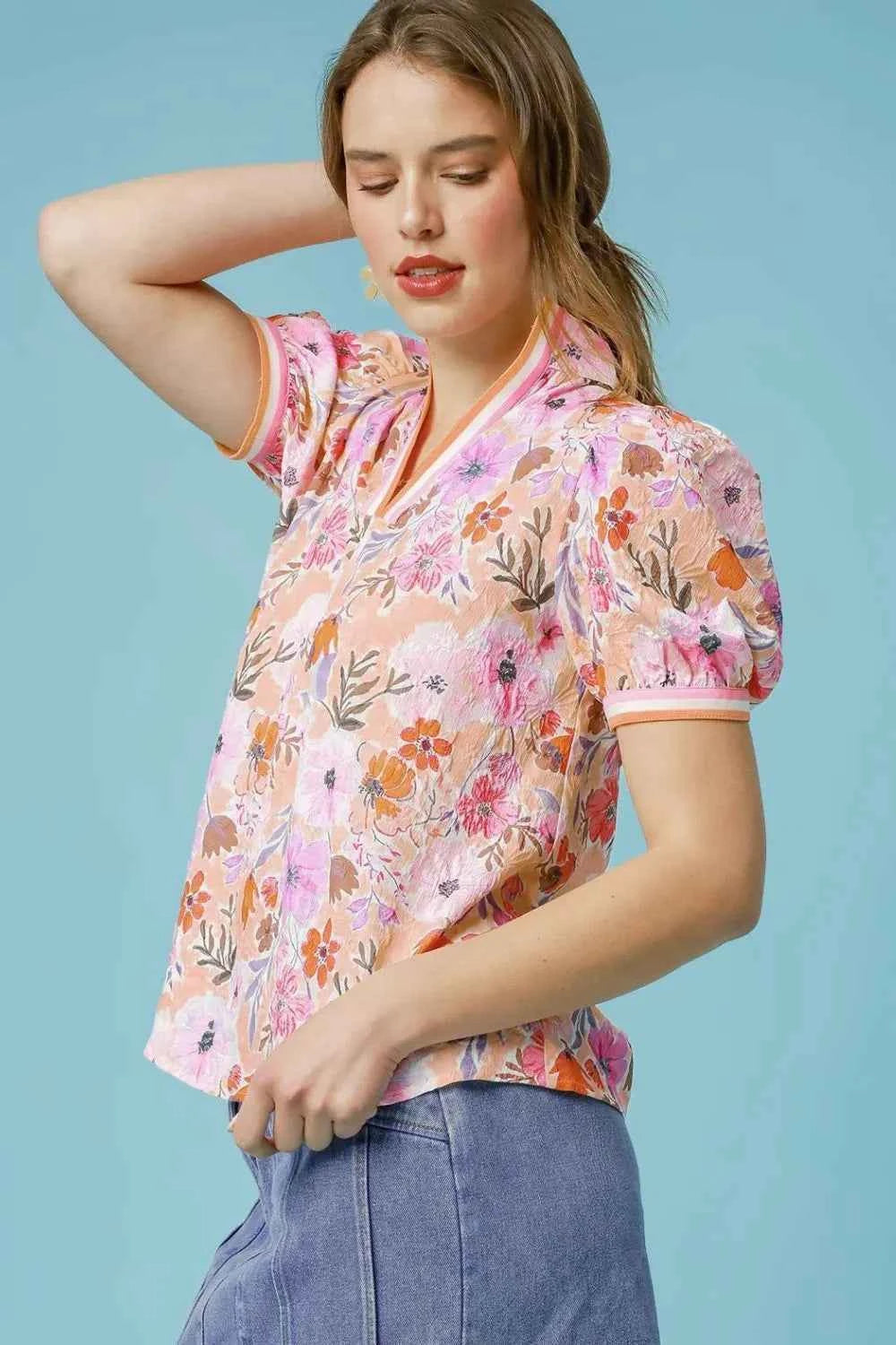 Umgee Floral Print Puff Sleeve Blouse 6061c355-488c-4450-960f-40f5afd9340a-Max-Origin